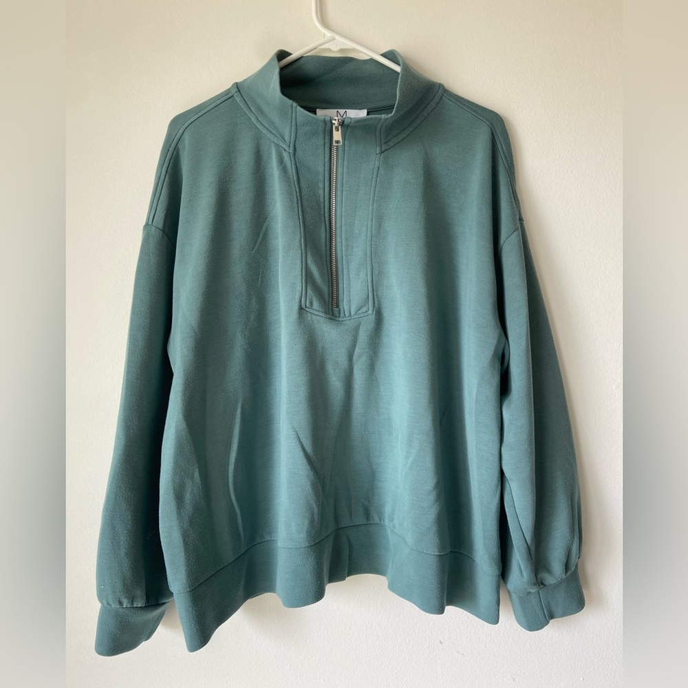 Magaschoni Womens Pullover Top Oversize Sage Green Half Zip Funnel Neck